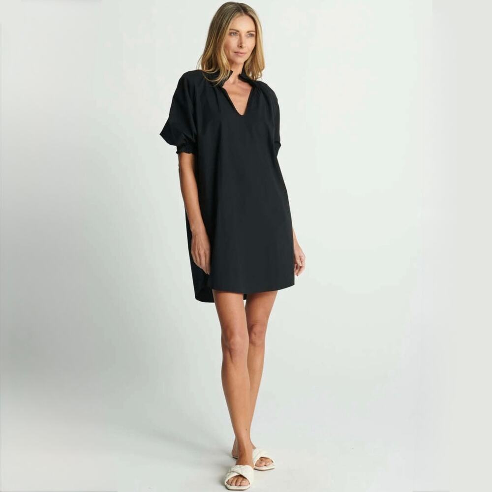 Sundays Spence Dress Black Cotton Puff Sleeve Ruffle V Neck Shift Mini Size S